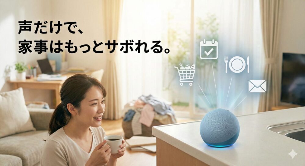リビングでくつろぎながらスマートスピーカーに話しかける女性と、「声だけで、家事はもっとサボれる。」という文字。買い物、予定、食事、メールのアイコンが浮かび上がっている。