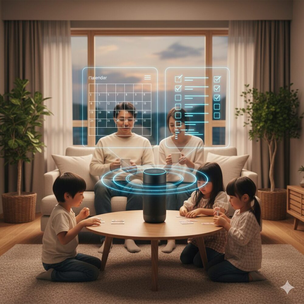 夜のリビングで、夫婦と二人の子供がくつろいでいる。中央のスマートスピーカーから光の輪が広がり、空中に浮かぶ半透明の共有カレンダーとチェックリスト（ToDoリスト）に接続されている様子。