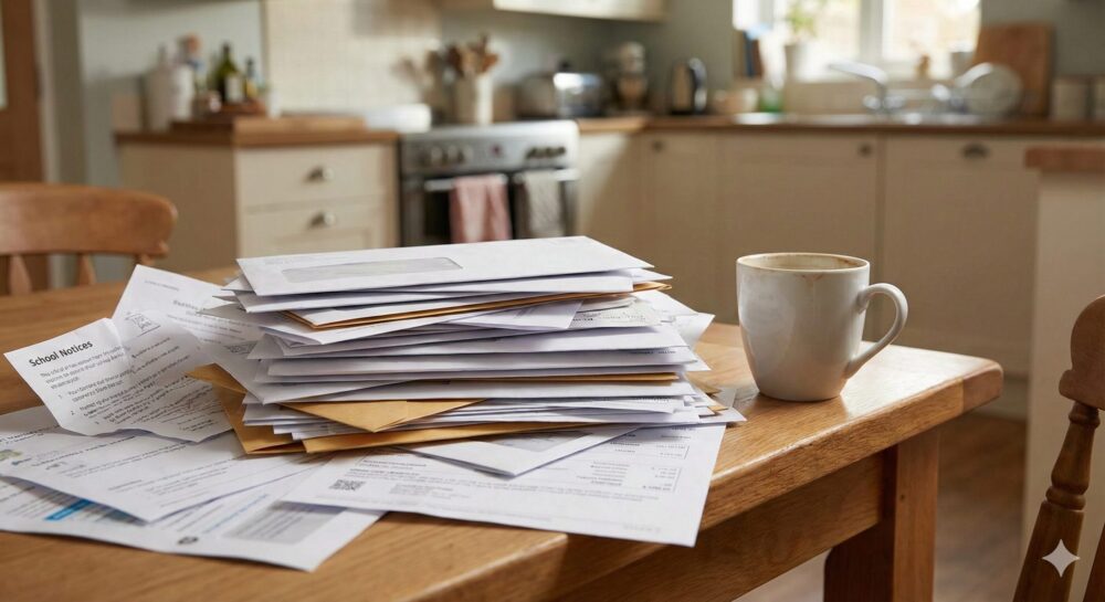 ダイニングテーブルの上に山積みになった学校のプリント、未開封の封筒、郵便物