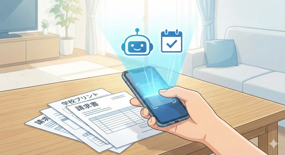 リビングのテーブルで、スマホのカメラを使って「学校プリント」や「請求書」の山をスキャンしているイラスト。スマホの画面からはAIロボットとチェックマーク付きカレンダーのアイコンが浮かび上がり、自動で予定が登録される様子を表現している。