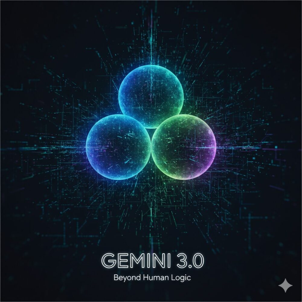 未来的なデザインのGemini 3.0ロゴ。3つの光る球体が中央に配置され、背景にはデジタルネットワークを連想させる線が広がっている。