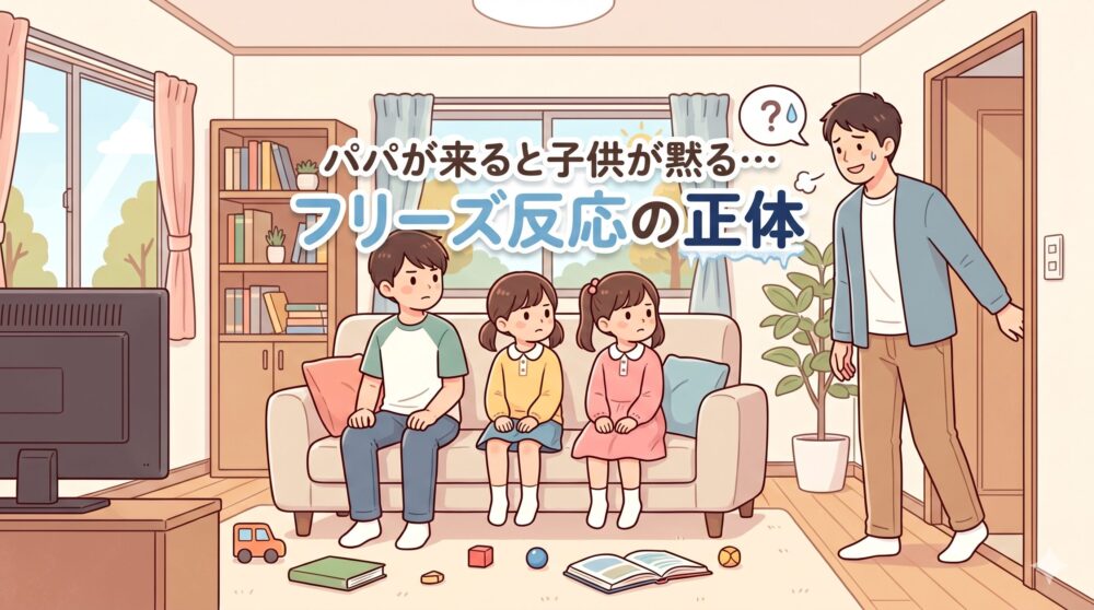 リビングに入ってきた父親を見て、緊張して固まってしまう3人の子供たちのイラスト（フリーズ反応）