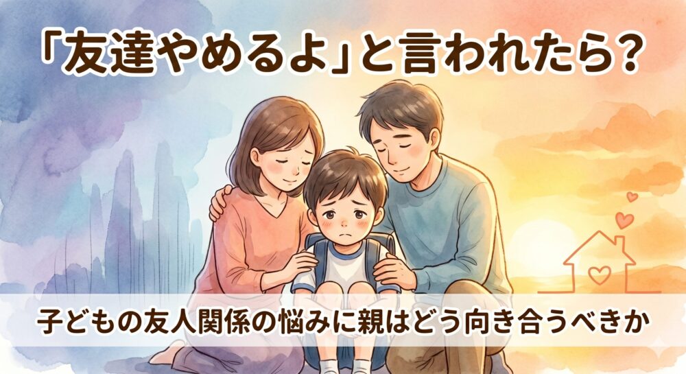 「友達やめるよ」と言われて悩む子どもを、親が優しくサポートしているイラスト