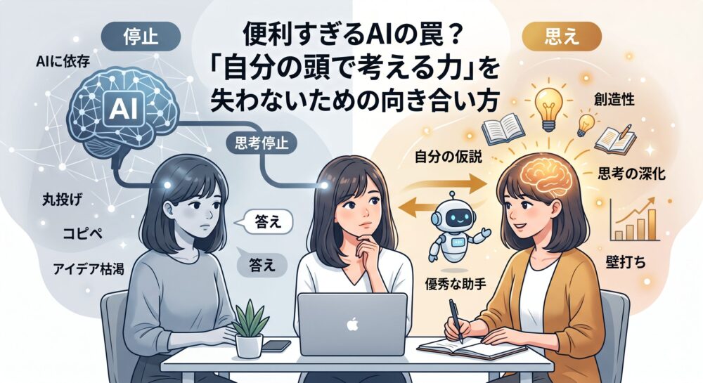 AI依存による「思考停止」と、AIを助手として活用する「創造的活用」の対比を描いたイラスト。中央に記事タイトル「便利すぎるAIの罠？『自分の頭で考える力』を失わないための向き合い方」が大きく書かれている。