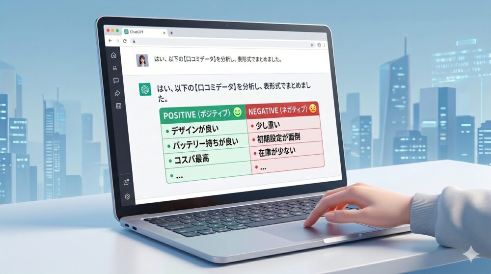 PC画面のクローズアップ。AIチャットの回答画面に、長文の口コミデータが『POSITIVE（ポジティブ）』と『NEGATIVE（ネガティブ）』の2列の整然とした表に要約されている。image_4.pngの女性の手が画面を操作している。