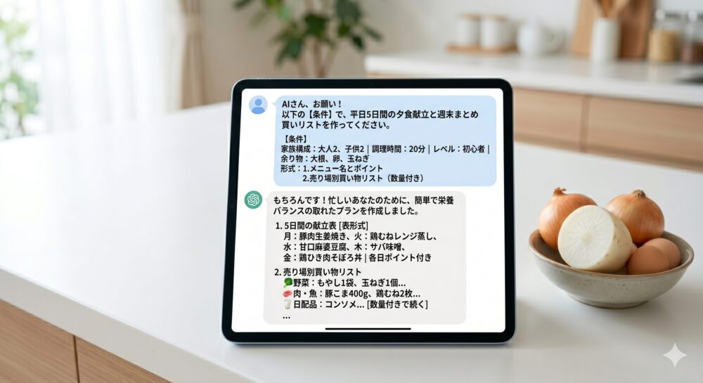 タブレット端末の画面に、日本語のAIチャットインターフェースが表示されている。上部のユーザープロンプトには「大人2人子供2人、調理時間20分、初心者レベル、余り物活用」などの【条件】で平日5日間の献立と買い物リストを求める指示が書かれている。下部のAIの回答には、具体的な献立表（月曜から金曜のメニュー）と、売り場別（野菜、肉・魚、日配品など）の買い物リストが、数量付きで生成されている。タブレットの横には、プロンプトで言及された「余り物」である大根や玉ねぎが置かれている。