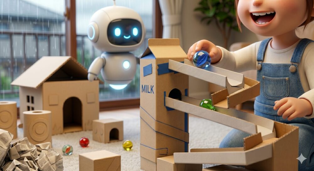 雨の日に家の中で、笑顔の女の子が段ボールの牛乳パック工作（ビー玉転がしコース）で遊んでいる様子。近くには小さなAIロボットが浮遊している。床には段ボールハウス、トイレットペーパーの芯、丸めた新聞紙、ビー玉が置かれている。
