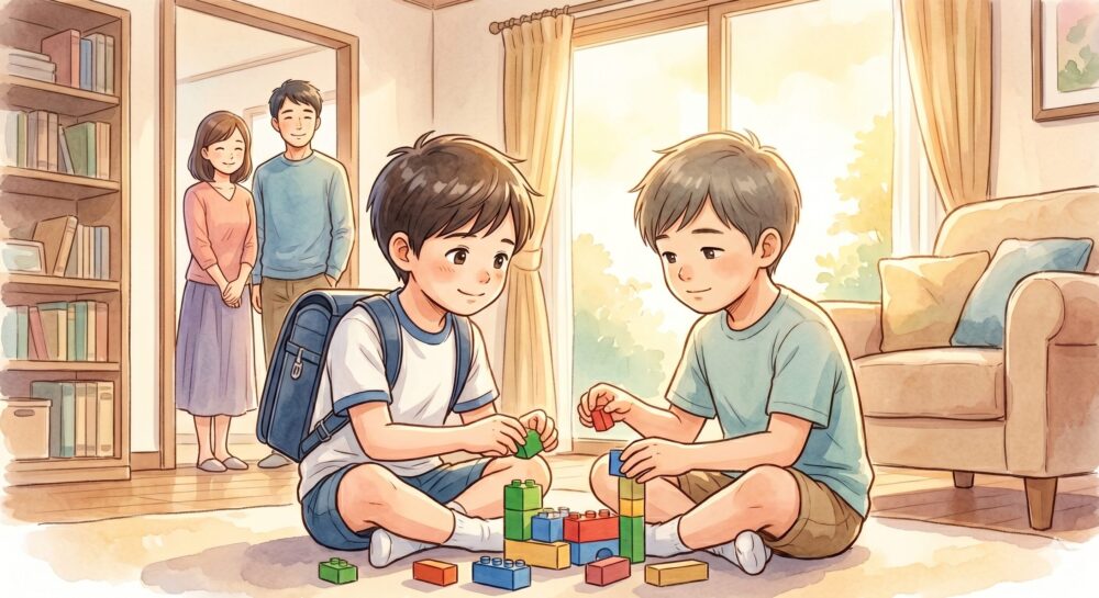 温かい水彩画で描かれた、笑顔で別の友達と対等に遊ぶ小学生の男の子と、それを遠くから優しく見守る両親。