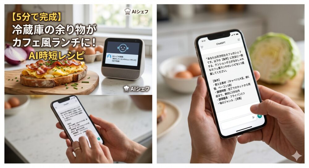 明るいキッチンカウンターに置かれた、5分で完成した美味しそうな焦がしベーコンのオムレツサンドと、AIシェフが提案する日本語のレシピが表示されたスマートスピーカー。