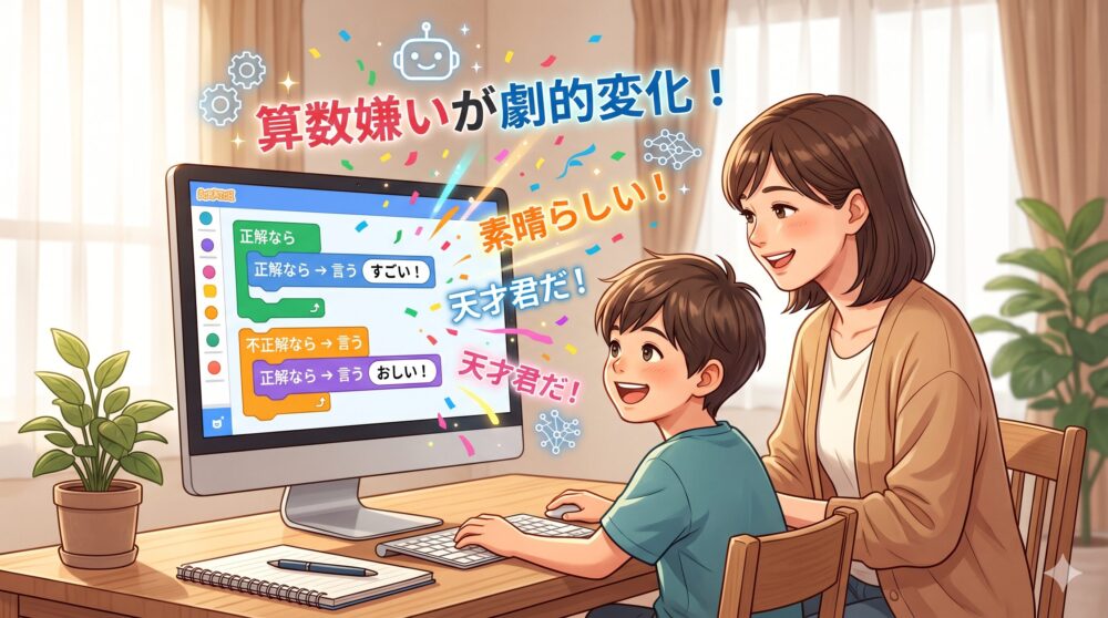 笑顔の母親と息子が、PCでScratchのプログラミング画面を見ている。画面から『算数嫌いが劇的変化！』『天才君だ！』といった褒め言葉が飛び出す、明るく親しみやすいイラスト。