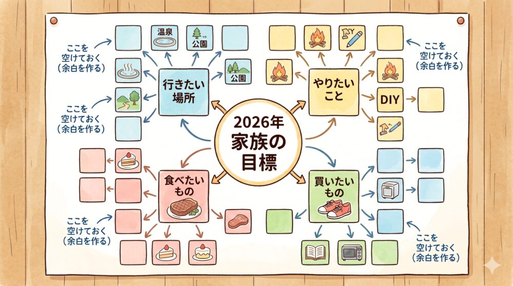 温かい手書き風の図解イラスト。中央の「2026年 家族の目標」という大目標から、周囲の8つのカテゴリー（「行きたい場所」「食べたいもの」「頑張りたいこと」など）へ矢印が伸びている。さらに各カテゴリーから具体的な小目標のマスが広がり、いくつかは空欄になっており、「ここを空けておく（余白を作る）」と手書きテキストで強調されている。