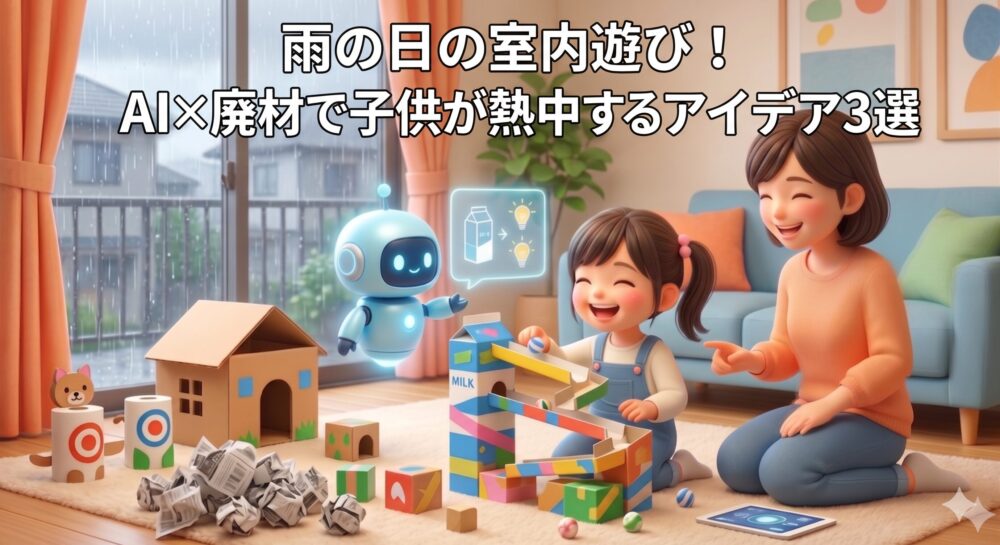 雨の日に家の中で、牛乳パックや段ボールなどの廃材とAIを活用して、笑顔で室内遊びを楽しむ子供のイラスト