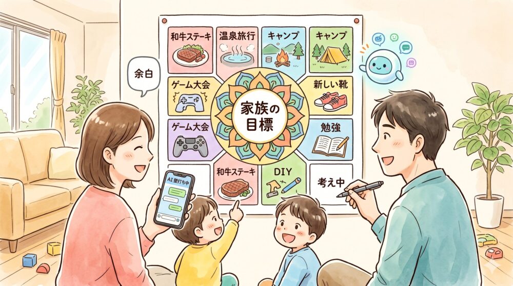 温かい雰囲気のリビングで、家族（親2人、子1人）が壁に貼られた大きなマンダラチャートを笑顔で囲み、目標について話し合っているイラスト。親の1人がスマートフォン（AI壁打ち画面）を持ち、小さな光るAIマスコットが浮いている。