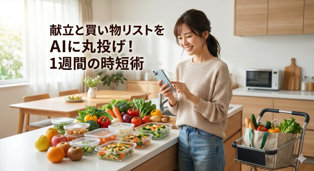 明るい現代的なキッチンで、女性がスマートフォンを見ながら笑顔を浮かべている。スマートフォンにはAIコンシェルジュアプリが生成した1週間の献立と買い物リストが表示されている。キッチンカウンターには新鮮な食材やiwaki風のガラス保存容器が並び、整理整頓された快適な暮らしが描かれている。