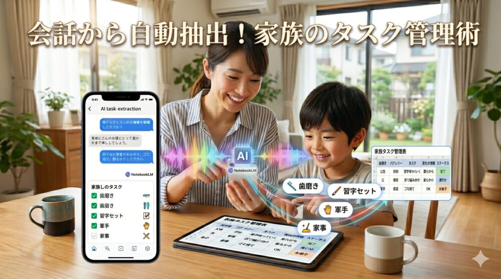 明るい日本のリビングで、笑顔で会話する母親と息子のクローズアップ写真。彼らの口元から伸びるカラフルな音声波形が、中央の小さなAIシンボルを通過することで、具体的なチェックリスト項目（歯磨き、習字セットなど）と、元の画像と同じ「家族タスク管理表」のスプレッドシートプレビューに魔法のように変わる様子を描いた象徴的な写真。画像の上部には「会話から自動抽出！家族のタスク管理術」という大きな日本語テキストがある。