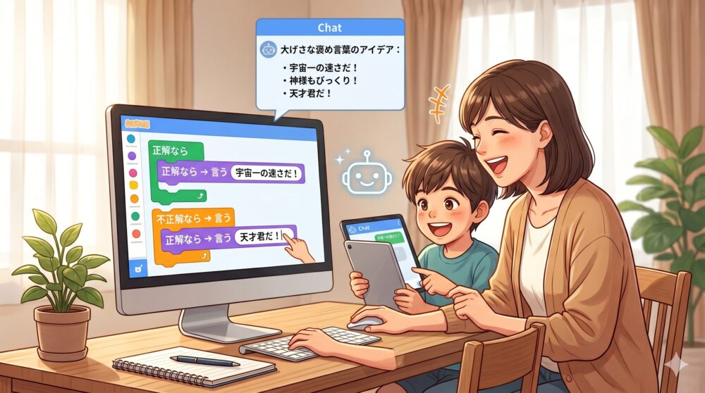 笑顔の母親と息子が、学習机でタブレットのAIチャット画面とパソコンのScratch画面を見ている。息子がAIから得た『宇宙一の速さだ！』などの褒め言葉を母親に見せ、母親がそれをScratchに入力しようとしているイラスト。