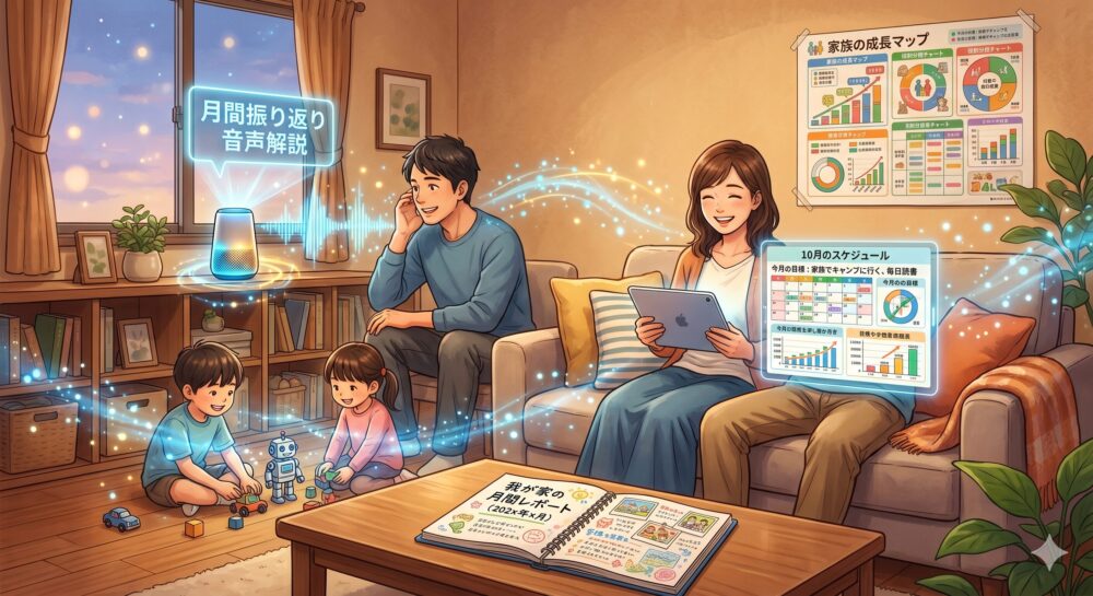 温かみのあるリビングルームで、母親が笑顔でタブレットの画面を見ている。タブレットには、プロンプト②、③で整理されたスケジュールや目標が表示されている。父親はスマートスピーカーから立ち上る光（音声）を聞いており、その上に日本語で「月間振り返り音声解説」というホログラムのタグが。子供たちは床でのびのびと遊んでいる。テーブルには日本語で「我が家の月間レポート（202x年x月）」と書かれた物理的なノートが開かれている。背景の壁には前のインフォグラフィックが貼られている。青と金の光の粒子が生活の中に統合されている。温かみと未来感のあるデジタルイラスト。