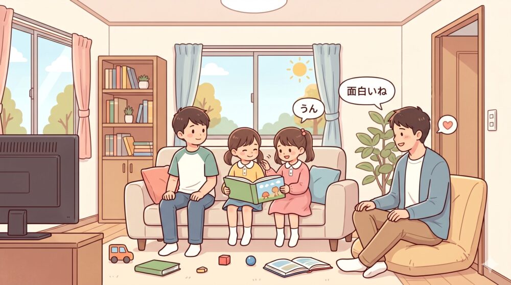 同じリビングルームで、父親の近くでリラックスして本を読む子供たちと、穏やかなコミュニケーションが生まれている様子