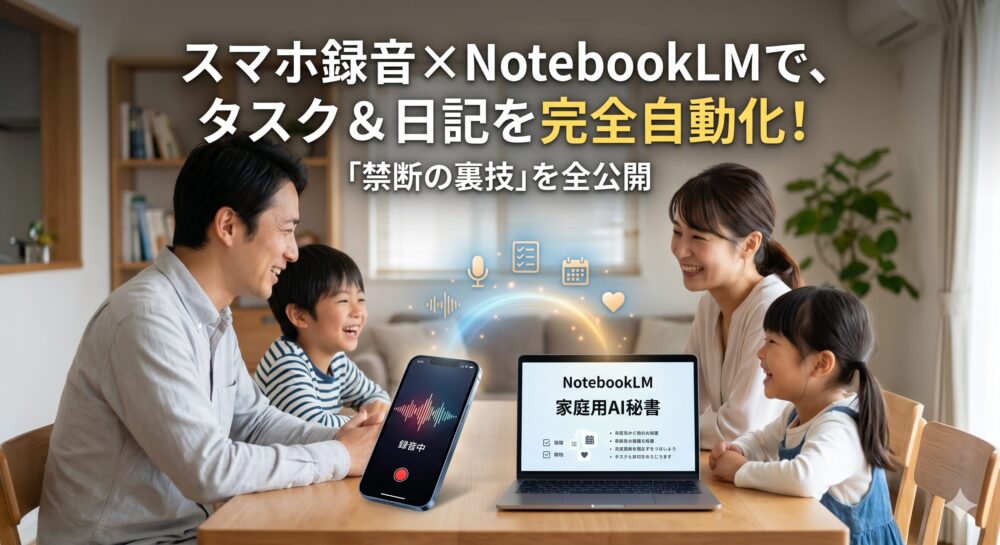 ダイニングテーブルで笑顔の日本人家族四人。スマートフォンが「録音中」で、ノートパソコンが「NotebookLM」を表示している。画面の間を、タスクやカレンダーの青い光のアイコンがフローティングしている。上部には「スマホ録音×NotebookLMで、タスク＆日記を完全自動化！『禁断の裏技』を全公開」というテキスト。