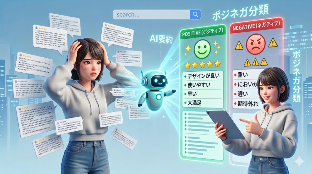 ネットショッピングの長文口コミに疲弊する女性と、AIロボットが大量のレビューを『POSITIVE（ポジティブ）』と『NEGATIVE（ネガティブ）』に整理して安堵する女性の3Dイラスト。AI要約とポジネガ分類のイメージ。