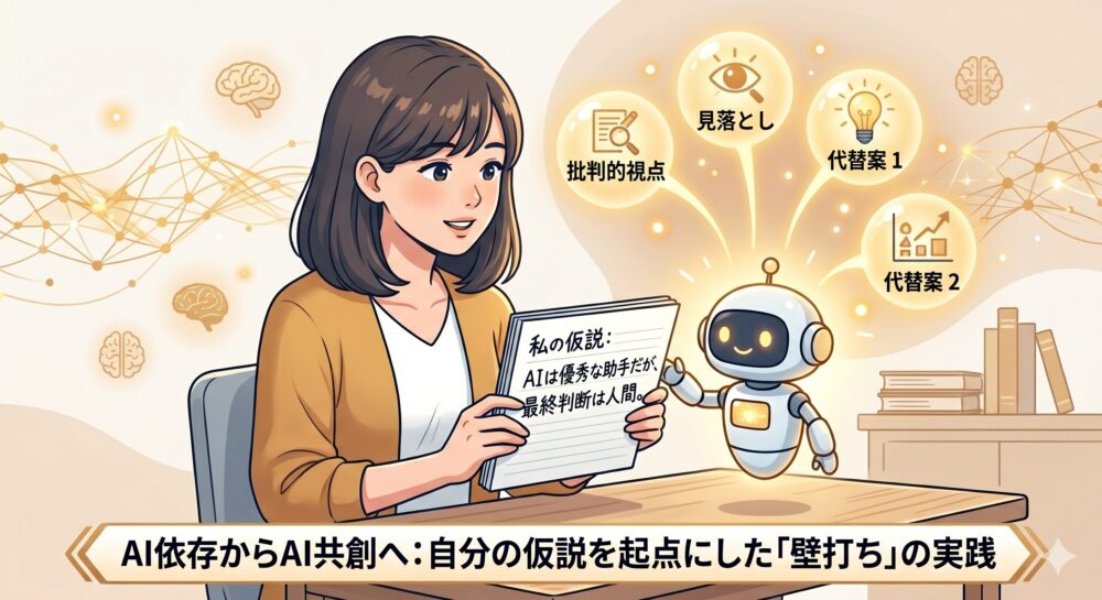 ブログの主人公の女性が、自分の「仮説」を書いたノートを小さなAIアシスタントに見せている。AIアシスタントからは、温かい光とともに「批判的視点」「見落とし」「代替案」という文字が浮かび上がり、彼女の思考を拡張している。背景は温かいオレンジ。