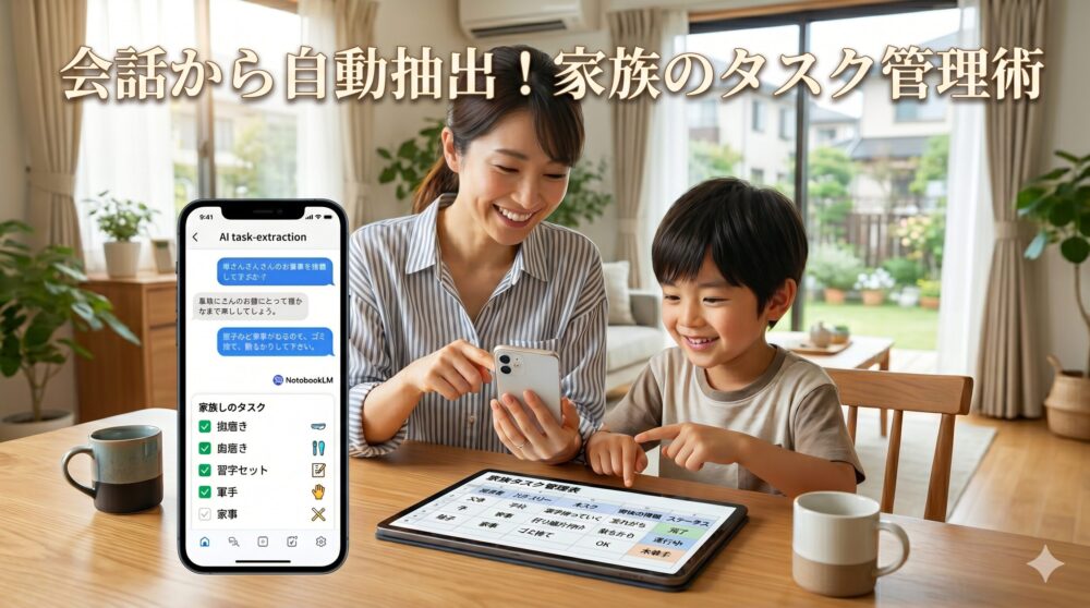 現代的な明るいリビングで、スマートフォンとタブレットを見て笑顔で協力するアジア人の母親と息子の写真。上部には「会話から自動抽出！家族のタスク管理術」という日本語の大きなテキストがある。左側のスマートフォンにはAI（NotebookLM）が抽出した家族のチェックリスト（歯磨き、習字セット、軍手、家事）が表示されており、母親がそれを見ている。テーブル上のタブレットには詳細な「家族タスク管理表」のスプレッドシートが表示されており、息子がそれを指差している。