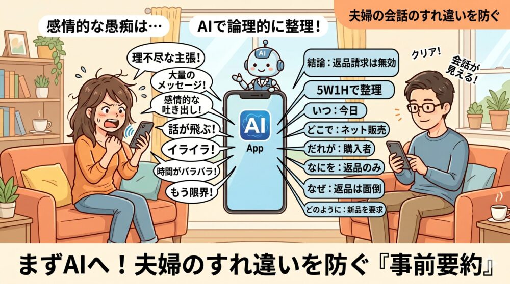 リビングルームでソファに座る夫婦のイラスト。中央の大きなスマートフォンには「AI App」とAIロボットが表示されている。左側の怒った女性が発する感情的な不満メッセージ（「大量のメッセージ！」「イライラ！」など）がスマホに吸い込まれ、論理的に整理される。右側の穏やかな男性には、整理された情報（「結論：返品請求は無効」「5W1Hで整理」など）がスマホから伝えられている。画像上部には「AIで論理的に整理！」、下部には「まずAIへ！夫婦のすれ違いを防ぐ『事前要約』」のテキスト。