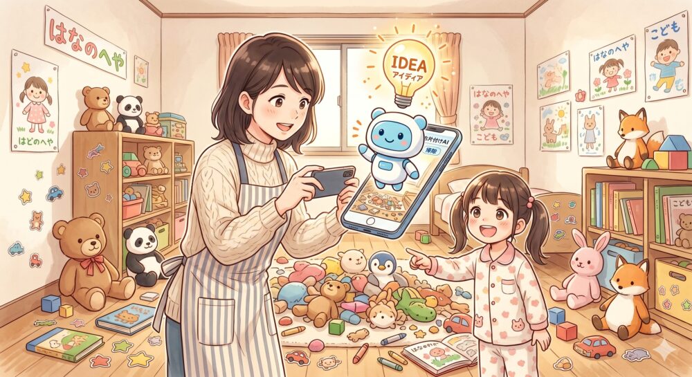 エプロン姿のお母さんが、ぬいぐるみやブロック、シールで散らかった子供部屋の写真をスマートフォンで撮っている様子を描いた温かみのあるイラスト。スマートフォンの画面からは、小さなAIロボットが飛び出し、その上に「IDEA アイディア」と書かれた電球が輝いている。娘がパジャマ姿で笑顔でAIロボットを指差している。