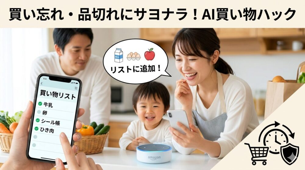 スマホとスマートスピーカーを活用して買い物を効率化し、笑顔になっている女性のイラスト