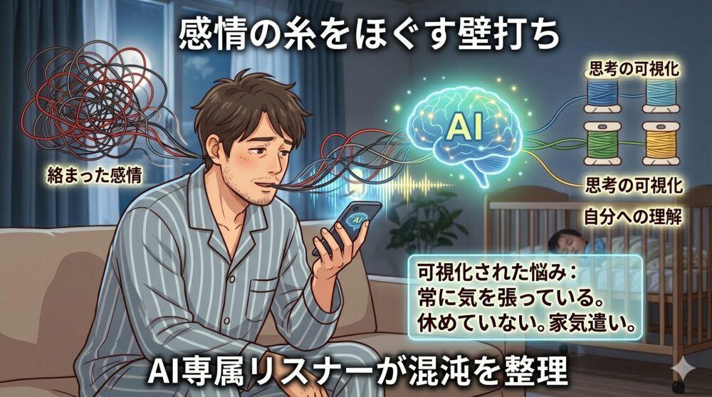 夜、ソファでパジャマ姿の父親がスマホのAI画面を見つめている。彼の頭から絡まった混沌とした糸（「絡まった感情」）が音声として出ている。スマホから浮かぶAIの脳ホログラムがそれをきれいに整理された色の糸（spools）と明確なテキストパネル（「感情の糸をほぐす壁打ち」）に変換している。パネルには「可視化された悩み：常に気を張っている。休めていない。家族への気遣い。」と書かれている。優しい光と色彩。