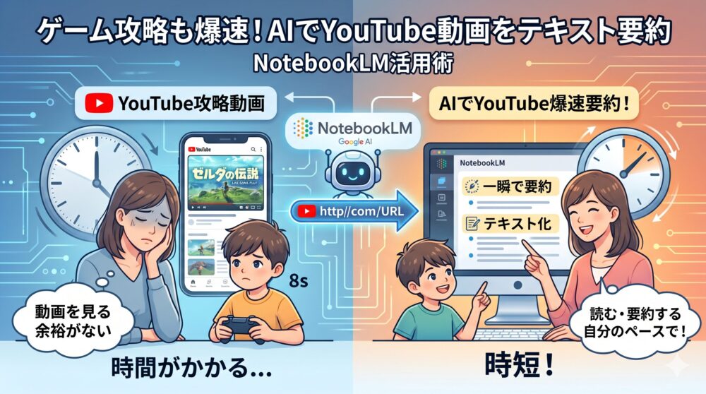 ゲーム攻略動画の時短術を伝えるブログアイキャッチ画像。上部に「ゲーム攻略も爆速！AIでYouTube動画をテキスト要約」と書かれ、左右に「時間がかかる...」と「時短！」の状況が対比されている。左側はスマホでゲーム動画を見ながら悩む母子。右側はPCで笑顔の母子が「NotebookLM」を使い、「一瞬で要約」「テキスト化」された文章を見ている。