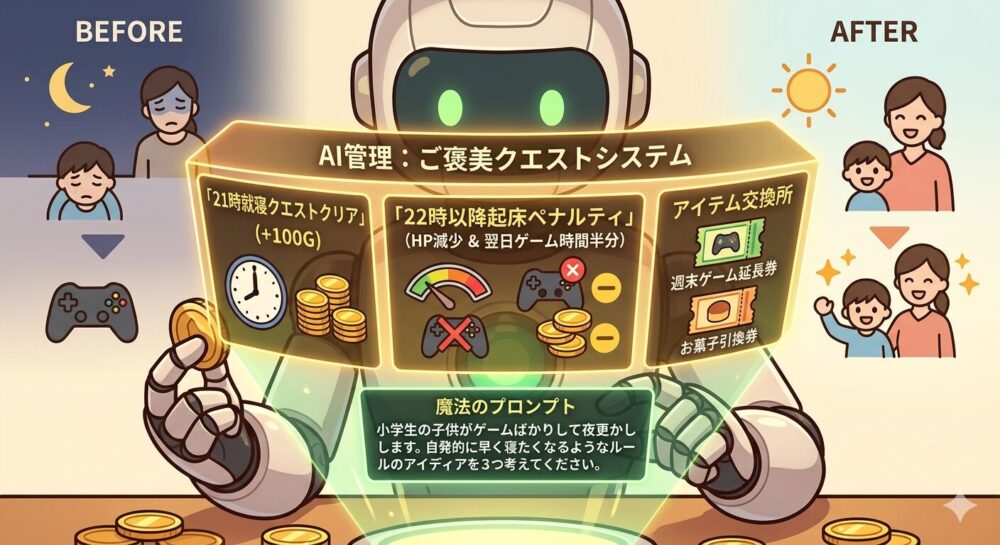 クローズアップされたAIロボットが、日本語で詳細に記述されたホログラフィック・ディスプレイを提示している。ディスプレイには「21時就寝クエストクリア(+100G)」「22時以降起床ペナルティ(HP減少、翌日ゲーム時間半分)」「アイテム交換所(ゲーム延長券、お菓子引換券)」の具体的なルールとアイコン、そして下部に「魔法のプロンプト」の日本語テキストが描かれている。背景には抽象化された夜と朝のアイコンがある。