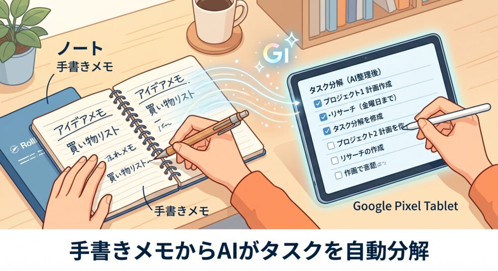 デスクの上にある手書きのリングノート（Rollbahn風、ブルーの表紙）から、 glowing なデジタルラインと粒子がタブレットへ伸び、ノートの「手書きメモ」（アイデアメモ、買い物リストなど）が整理されたデジタルの「タスク分解（AI整理後）」リストに変換される様子を描いた、アナログ×デジタルの融合整理術のイラスト。日本語テキスト「手書きメモからAIがタスクを自動分解」が記載。