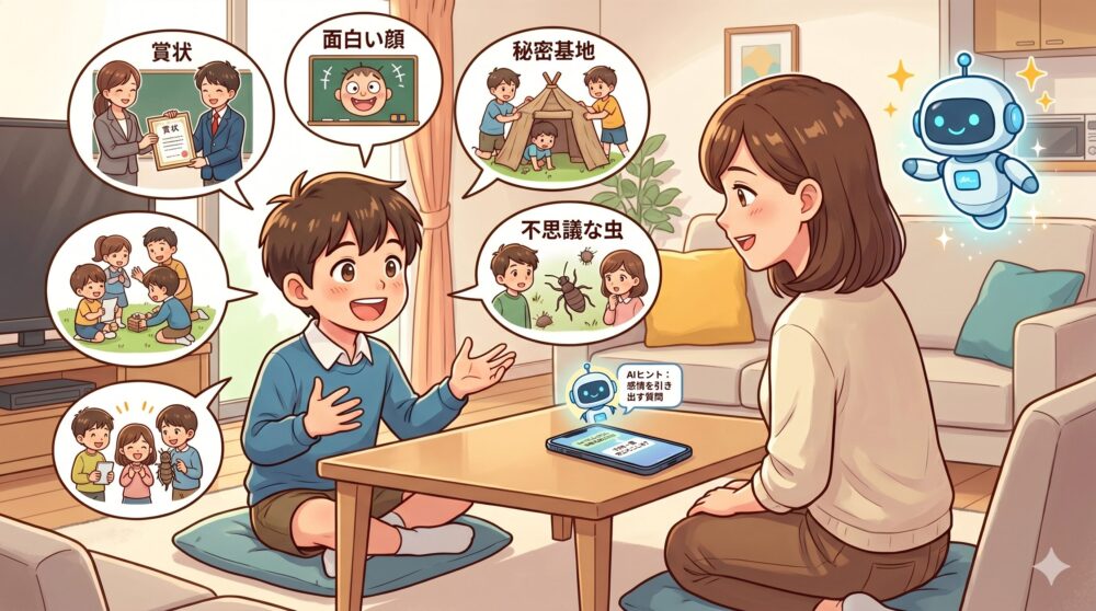 リビングのテーブルに身を乗り出し、ジェスチャーを交えて楽しそうに学校の話をする笑顔の小学生の子供。彼の頭上には、サッカー、給食、面白い先生の顔、算数の図形など、具体的で多様な学校の思い出を描いた多数の記憶の泡が浮かんでいる。向かい側に座る母親は、AIに相談したことを実践し、温かく熱心な表情で聞いている。近くのテーブルには、AIロボットの助言画面（小さな文字で「AIヒント：感情を引き出す」と書かれている）が表示されたスマホが置かれている。AIロボットが母親の肩の近くで微かに光を放ちながら浮かんでいる。
