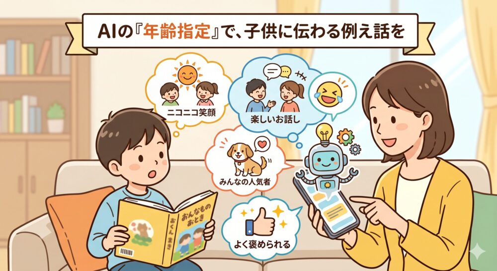 親子でソファに座り、スマートフォンを使いながら、AIが生成したわかりやすい言葉の例えを視覚化して楽しんでいる様子を描いた、温かいデジタルイラスト。上部に「AIの『年齢指定』で、子供に伝わる例え話を」というバナーがある。
