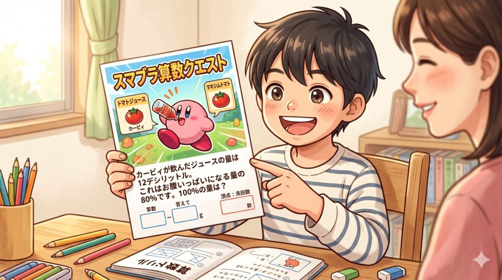 小学生の男の子が笑顔で母親に「スマブラ算数クエスト」と書かれた自作の問題プリントを見せている。プリントにはカービィがトマトジュースを飲むイラストと算数の割合の問題が日本語で書かれている。母親も笑顔で見つめている。