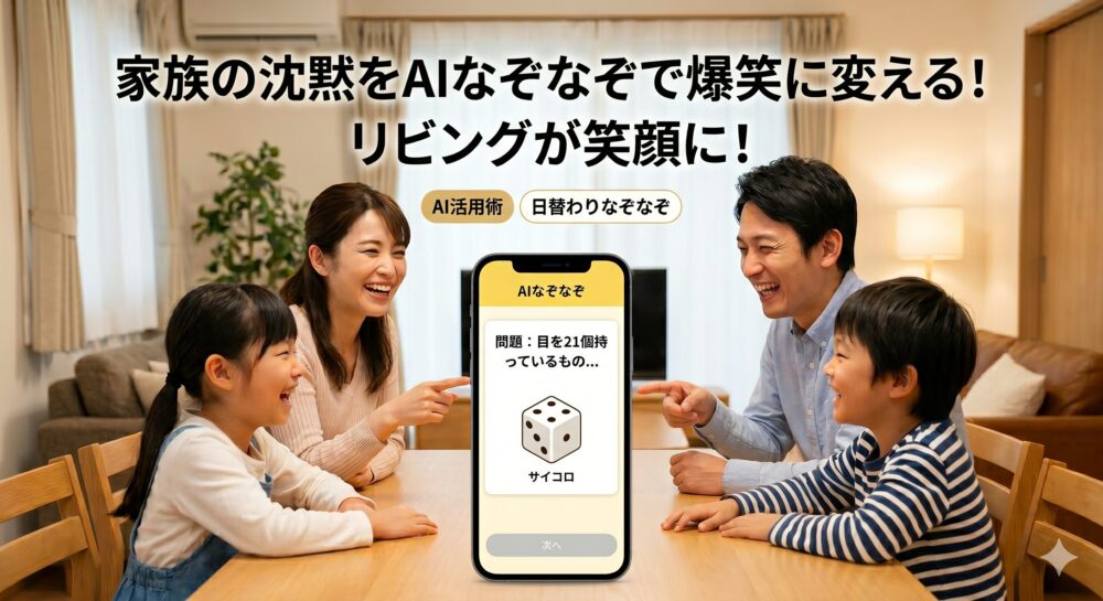 リビングで「AIなぞなぞ」を楽しみ、爆笑する家族4人の写真。中央のスマートフォンにはなぞなぞの問題と、正解の「サイコロ」のイラストが表示されている。画像内のテキストは「家族の沈黙をAIなぞなぞで爆笑に変える！」、「リビングが笑顔に！」。