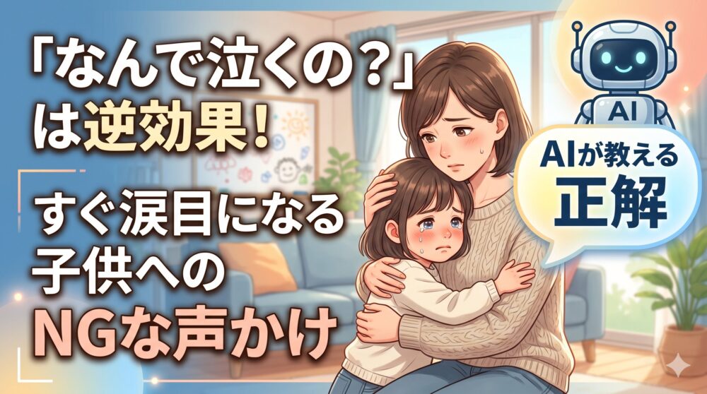 泣いている子供を抱きしめる母親と、AIロボットのイラスト。画像内の文字は、「なんで泣くの？」は逆効果！すぐ涙目になる子供へのNGな声かけ。AIが教える正解。
