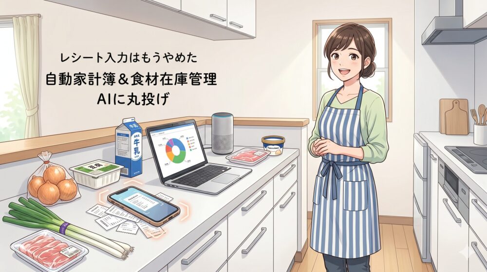 笑顔の女性がキッチンでタブレットを操作し、山積みのレシート、スマホでのスキャン、ノートPC（NotebookLMとGoogleドライブの画面）、スマートスピーカー、様々な食材（野菜、牛乳、お菓子）が並ぶキッチンカウンターを指差しているイラスト。画像には「【家事ハック】レシート入力はもうやめた。NotebookLM×Googleドライブで作る『自動家計簿＆食材在庫管理』システム。買い出しから献立までAIが丸投げ管理」というテキストが含まれている。