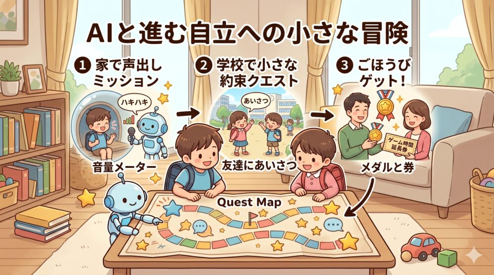 ブログ記事内挿絵：双子の自立を支援するAI活用のスモールステップ。家での声出し、学校でのあいさつ、ごほうびゲットの3つのクエストマップ。小さなAIロボットが伴走している。