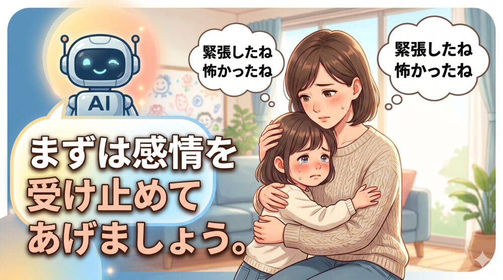 泣いている子供を抱きしめる母親と、AIロボットのイラスト。画像内の文字は、まずは感情を受け止めてあげましょう。「緊張したね」「怖かったね」。