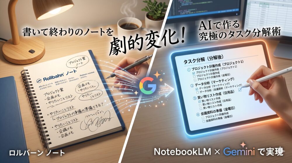 デスクの上にある手書きのロルバーンノートから、AI（GoogleのGロゴ）の光線がタブレットへ伸び、 messyな手書きメモが整理されたデジタルタスクリストへ「劇的変化」する様子を描いた、アナログ×デジタルの融合整理術のアイキャッチ画像。日本語テキスト「書いて終わりのノートを劇的変化！AIで作る究極のタスク分解術」と、下部に「NotebookLM × Gemini で実現」が記載。