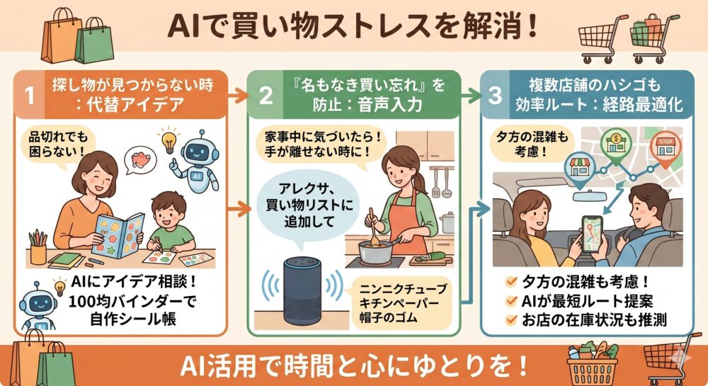 AIを活用した買い物ハックをまとめたインフォグラフィック。品切れ時の代替アイデア、スマートスピーカーの音声メモ、効率的な買い物ルート最適化の3つのステップがイラストと日本語で描かれている。
