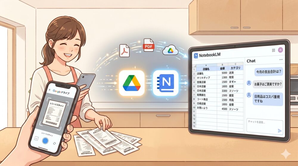 笑顔の女性がキッチンのカウンターで、スマートフォンを使って複数のレシートをスキャンしている。スマートフォンの画面にはGoogleドライブのロゴと、スキャンされたPDFが表示されている。スキャンされたデータは矢印で、GoogleドライブとNotebookLMのロゴが並んだPC画面へ連携されている。PC画面のNotebookLMには、読み込まれたレシートデータの表と、AIとのチャットウィンドウ（「今月の合計支出は？」「お菓子はご褒美ですか？」）が表示されている。