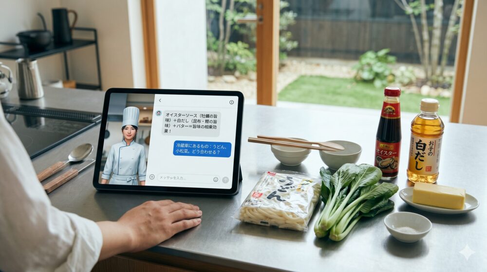 現代的なキッチンカウンター。誰かの手がタブレットのそばにある。タブレット画面には日本語のチャットUIが表示され、AIのメッセージに「オイスターソース（牡蠣の旨味）＋白だし（昆布・鰹の旨味）＋バター＝旨味の相乗効果！」、ユーザーのメッセージに「冷蔵庫にあるもの：うどん、小松菜。どう合わせる？」と書かれている。タブレットの隣には、うどん、小松菜、オイスターソース、白だし、バターが並んでいる。