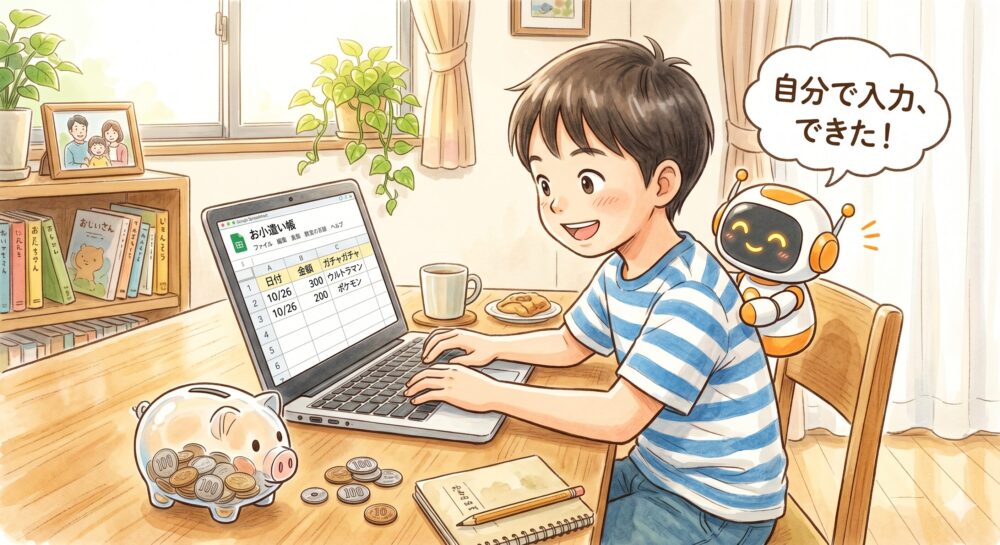 温かみのある日本語の金銭教育イラスト。真剣な表情の少年が小さなノートPCに向かい、Googleスプレッドシート（『日付』『金額』などの日本語列）に『ガチャガチャ』と『300円』のデータを入力している。少年の肩の横に寄り添う小さなAIロボットが『自分で入力、できた！』と吹き出しで話しかけている。手前のテーブルには透明な豚の貯金箱と、少しの日本円の現金。アイキャッチ画像と調和するスタイル。