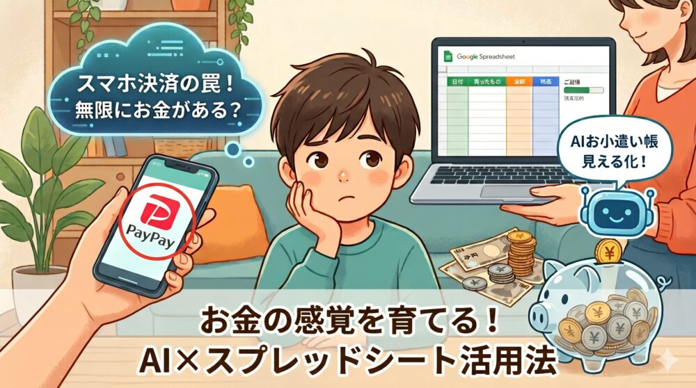 お金の教育をテーマにした温かいイラスト。中央に思案にふける少年。左側にPayPayロゴ模倣のスマホを持つ手と『スマホ決済の罠！無限にお金がある？』の吹き出し。右側にGoogle Spreadsheet（『日付』『金額』などの日本語列）の表をラップトップで提示する母親と、『AIお小遣い帳見える化！』の吹き出しを持つ小さなAIロボット。手前には現金とブタの貯金箱。下部に『お金の感覚を育てる！ AI×スプレッドシート活用法』の日本語タイトル。