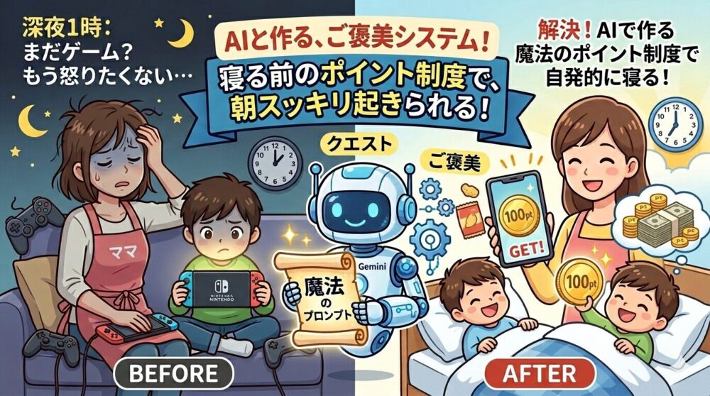 夜、暗い部屋で不機嫌そうにゲームをする親子と、朝、明るい部屋でポイントを受け取りながら笑顔で起きる親子を描いた「BEFORE」「AFTER」の比較イラスト。中央にはAIロボットが「魔法のプロンプト」を持って立っている。