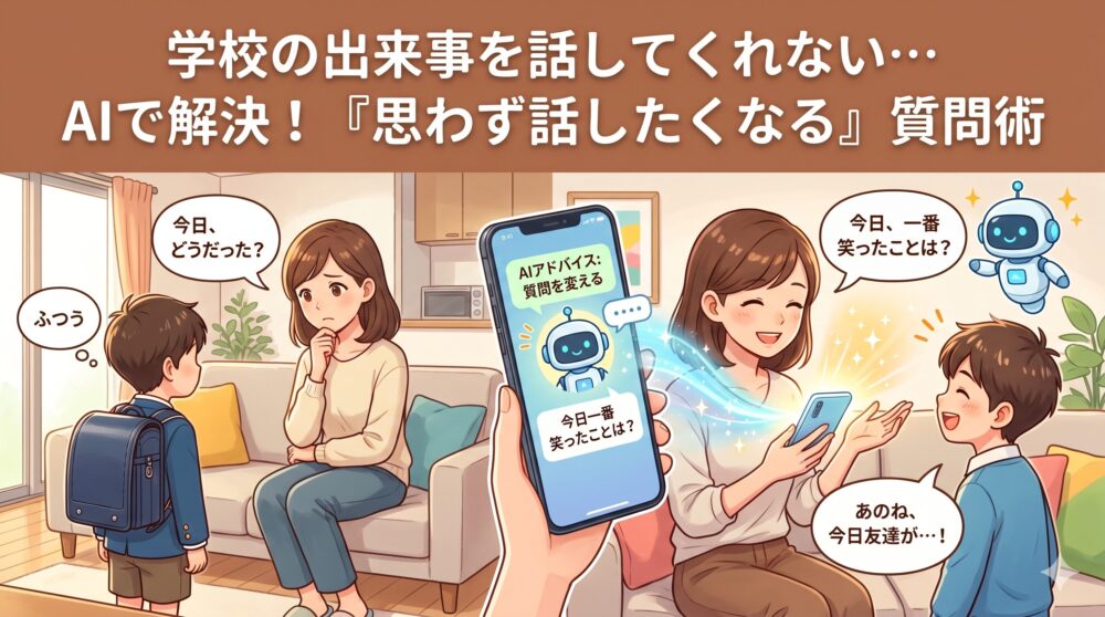 学校の出来事を話してくれない小学生の子供に悩む母親が、AIロボットのアドバイスを受けて「今日一番笑ったことは？」という感情に焦点を当てた質問に変えることで、子供が笑顔で話し始める様子を描いた温かみのあるイラスト。左側は「今日どうだった？」に「ふつう」と答える親子、右側はAIの助言により笑顔で話す親子。上部にブログタイトル「学校の出来事を話してくれない… AIで解決！『思わず話したくなる』質問術」が書かれている。