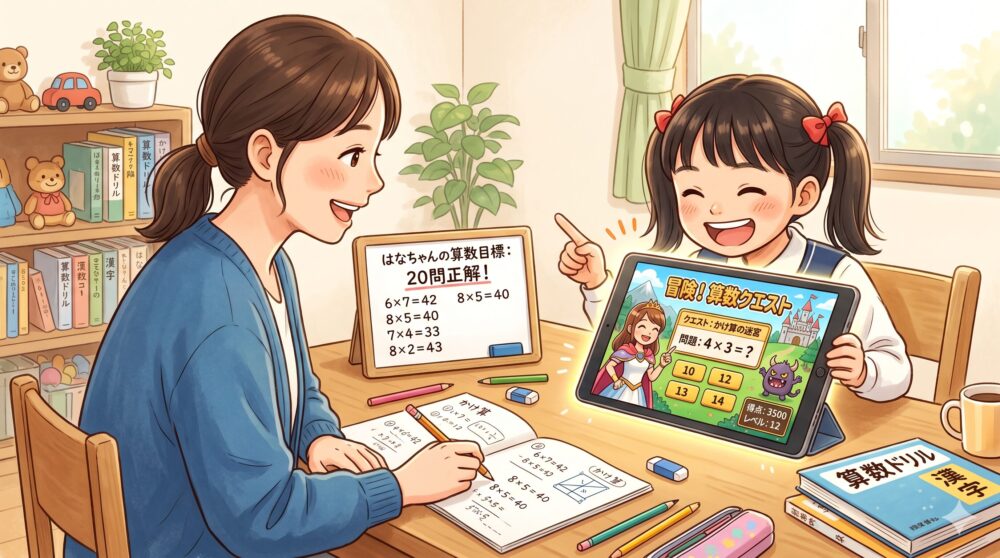 タブレットとホワイトボードを使って、親子が楽しそうにゲーム風の算数問題を解いているイラスト。